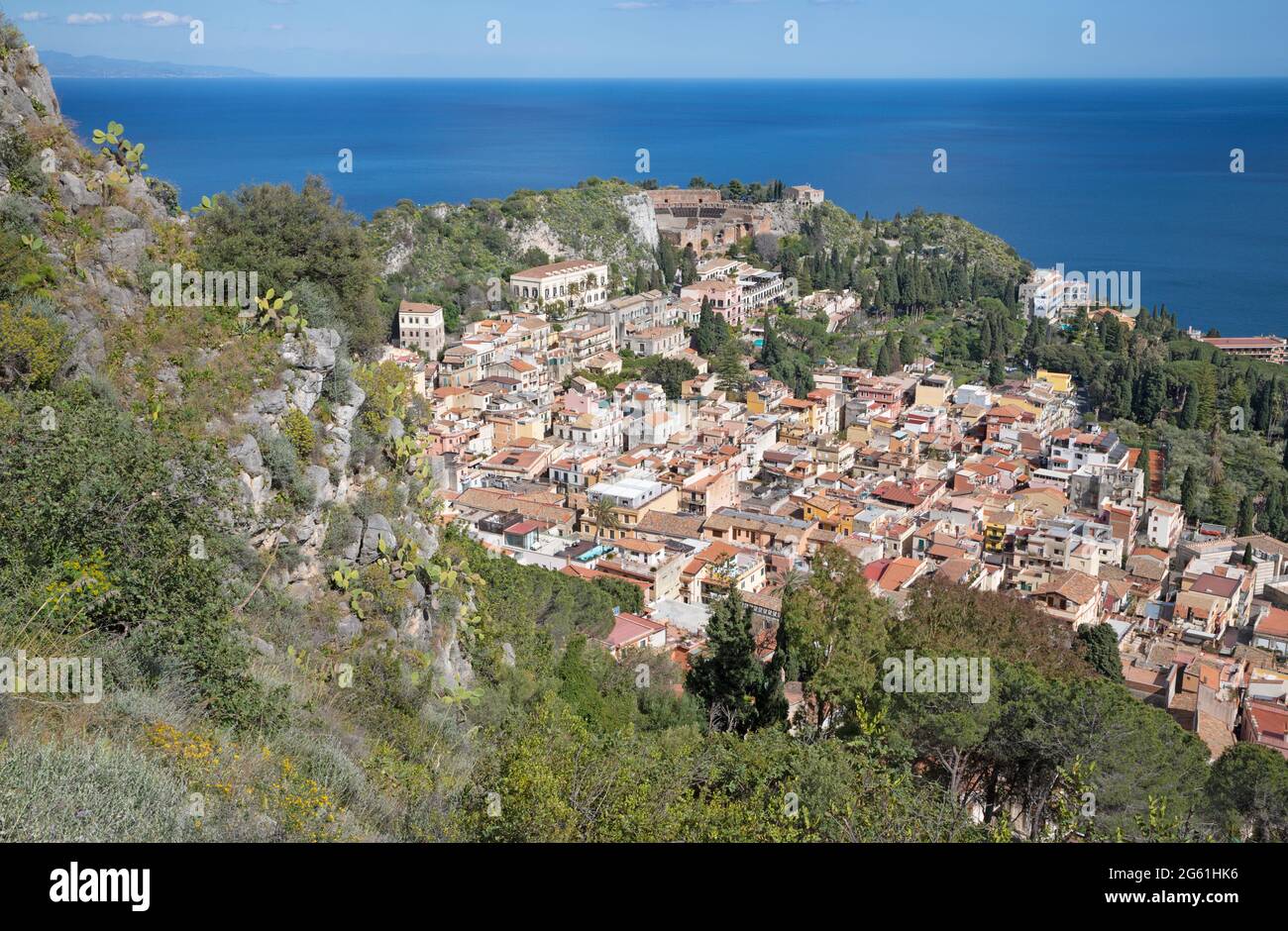Taormina - der Ausblick über die Stadt. Stockfoto