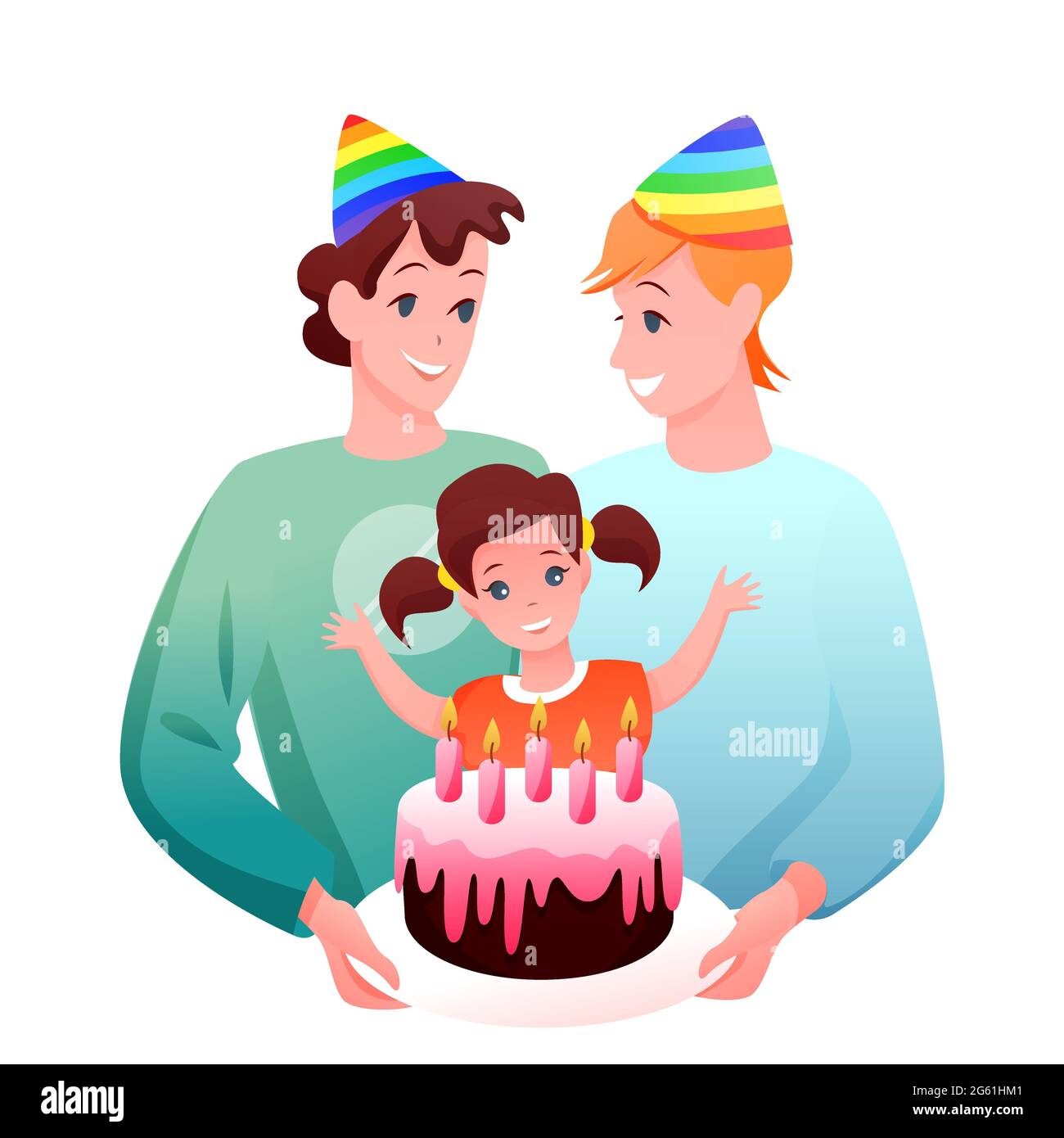 Homosexuell LGBT Familie feiern Vektor-Illustration, Cartoon Wohnung glücklich zwei Homosexuell Vater Zeichen feiern Geburtstag von Tochter Mädchen isoliert auf weiß Stock Vektor