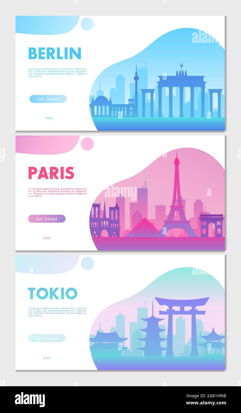 Cartoon flache Stadtlandschaft mit berühmten Architekturgebäuden für Touristen und Reisende, Reisensymbole von Paris, Berlin, Tokio und Südkorea. Stock Vektor