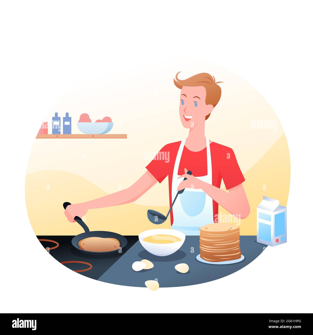 Junger Mann kocht Pfannkuchen in der Küche, morgens, Pfannkuchen zum Frühstück. Glücklicher Kerl kocht Pfannkuchen, Cartoon flache Illustration. Stock Vektor