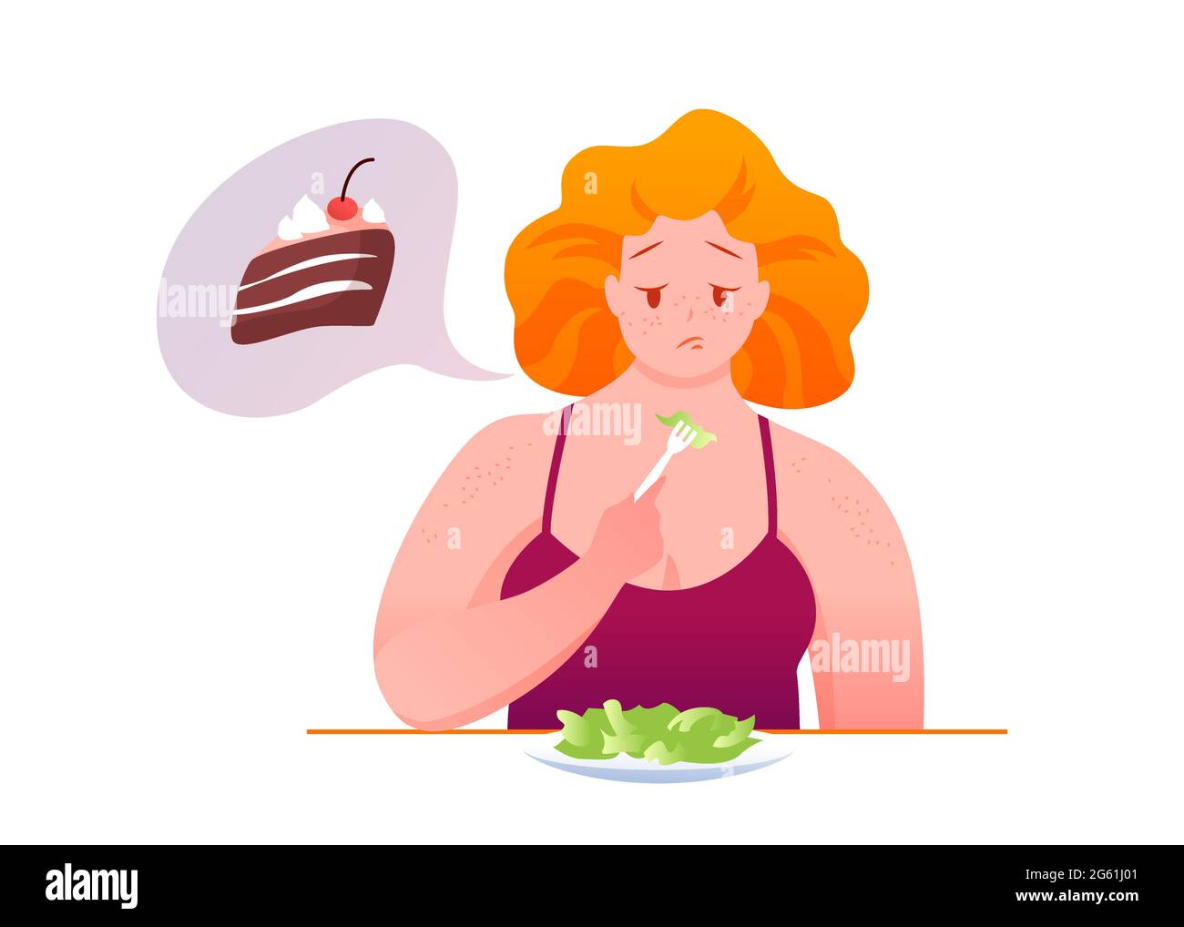 Traurige fette Frau isst grünen Salat Vektor-Illustration. Cartoon Frau Figur sitzt am Tisch, essen gesunde Ernährung, träumen von ungesunden Stück Stock Vektor
