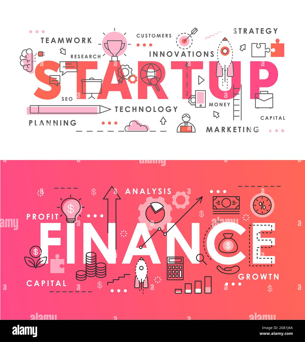 Financial Startup Wort abstrakt dünne Linie Vektor Illustration Set mit Start Business-Projekt, neue Forschungsidee konzeptionelle Symbole Stock Vektor