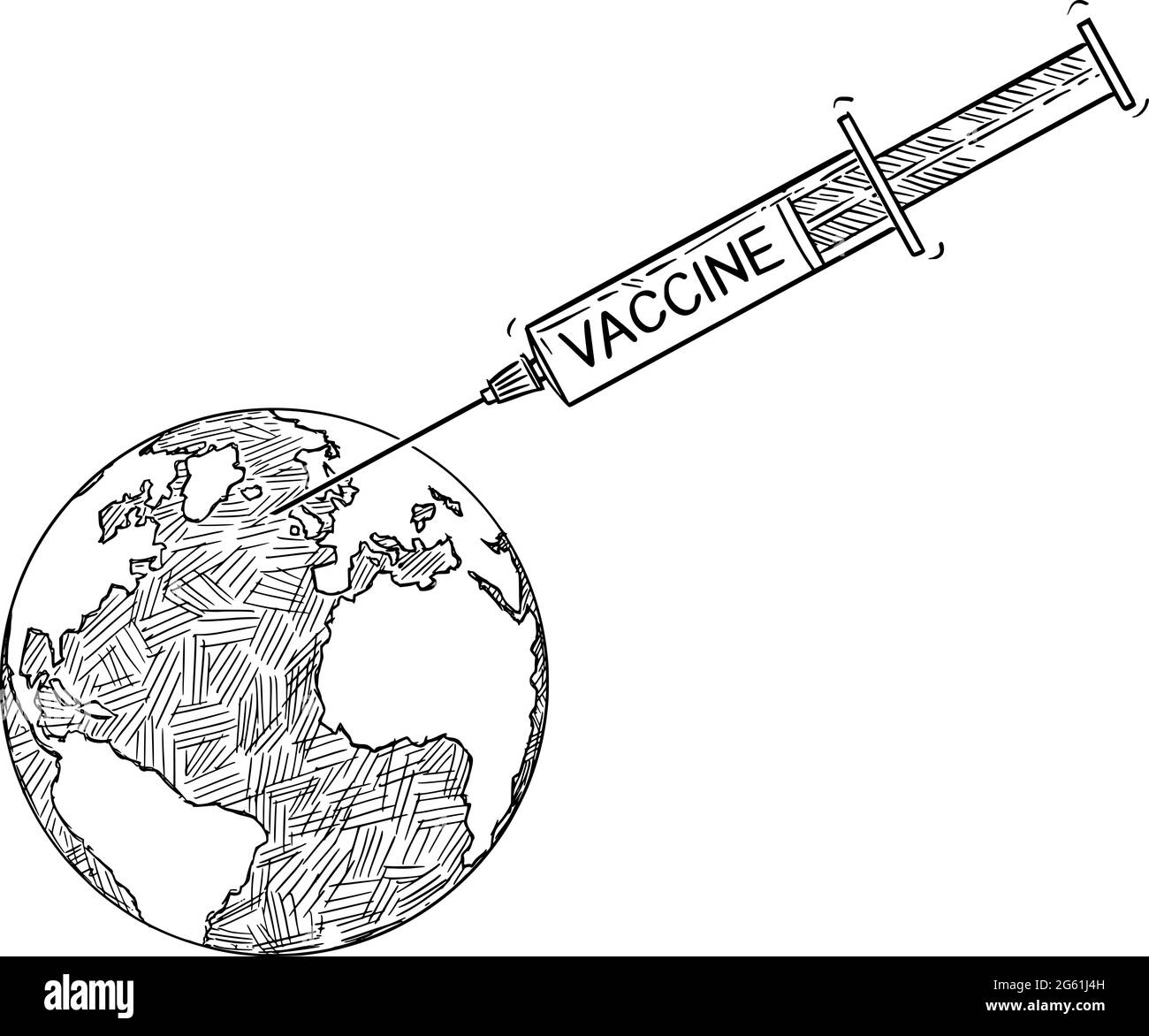 Impfstoff Planet Erde Mit Spritze, Vektor-Cartoon-Illustration Stock Vektor