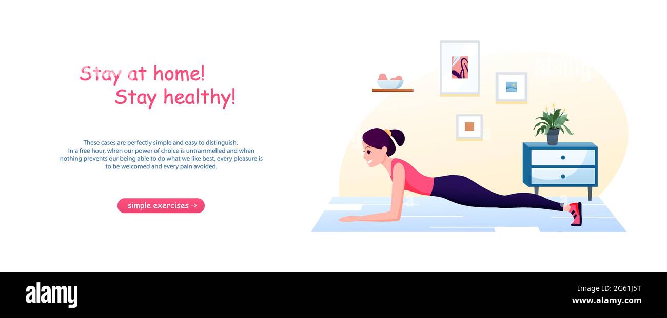 Cartoon Frau aktiv macht Sportübungen zu Hause. Hintergrund des Coronavirus-Ausbruchskonzepts. Bleiben Sie zu Hause in Quarantäne für ein gesundes Sport-Workout Stock Vektor