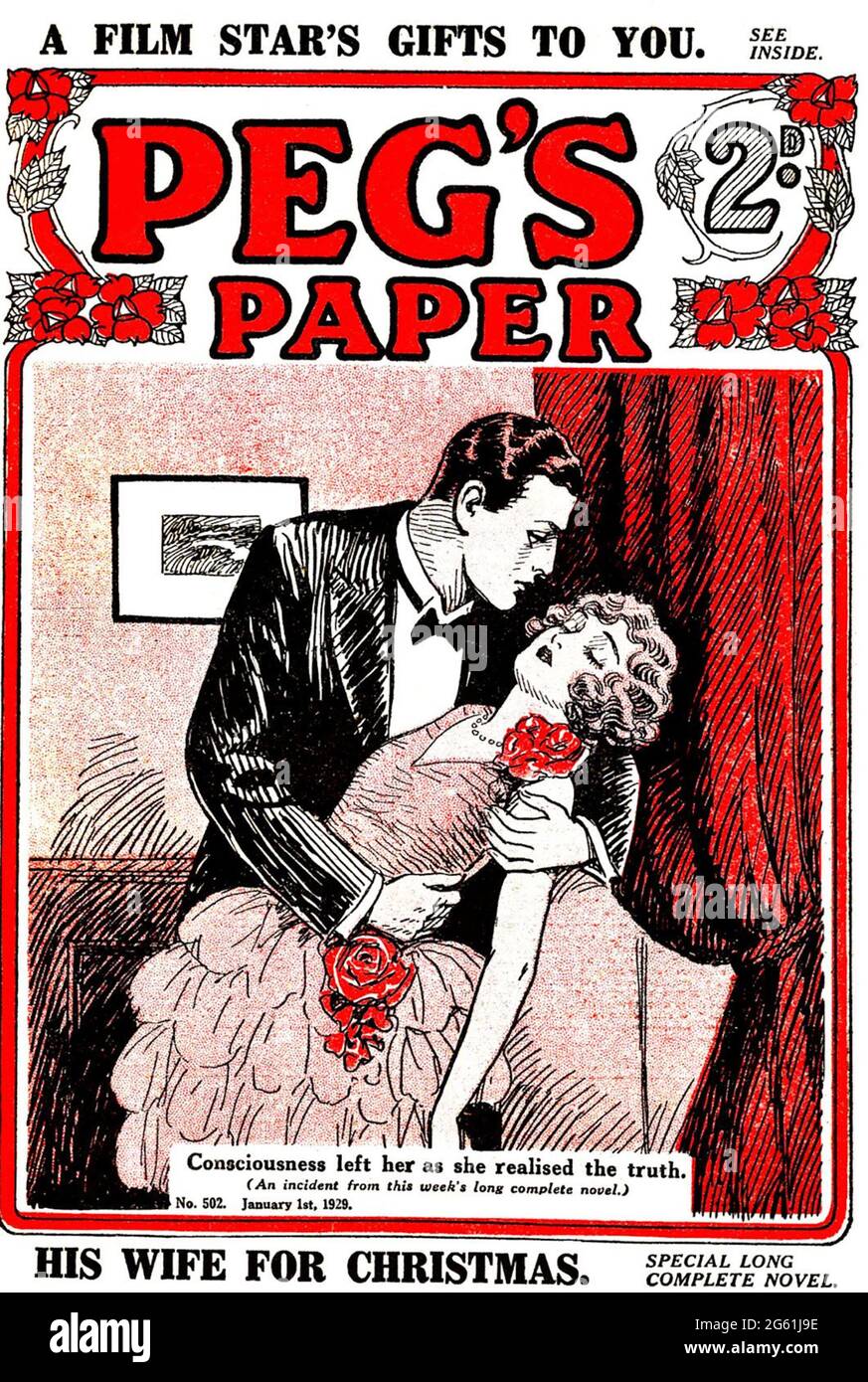 PEG'S PAPER Englische Wochenzeitschrift, herausgegeben von C. Arthur Pearson zwischen 1919 und 1940. Cover einer Ausgabe von 1929, die in der Regel eine romantische Begegnung zeigt. Stockfoto