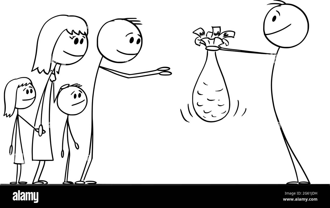 Person, die Geld schenkt oder Wohltätigkeitsspenden an arme Familien, Vektor-Cartoon-Stick-Abbildung Stock Vektor