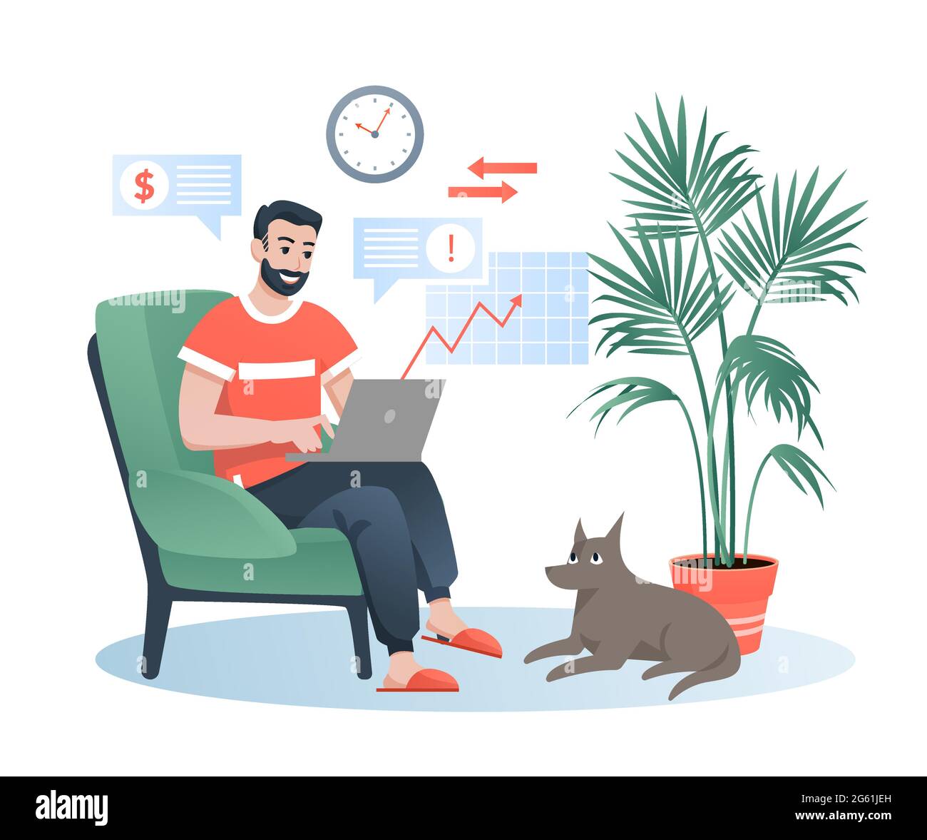 Freelancer arbeitet zu Hause flache Vektor-Illustration, Cartoon bärtige glücklich Hipster Mann Figur sitzt in einem bequemen Sessel, mit Laptop arbeiten Stock Vektor