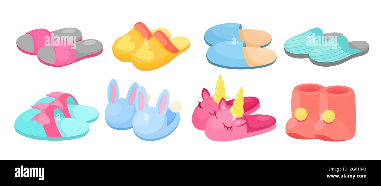 Hausschuhe Vektor Illustration Set, Cartoon Wohnung warm bequeme Schlafzimmer Schuhe, Slipper mit flauschigen Pompon Ball, niedliche Tier Kopf Schuhe Stock Vektor