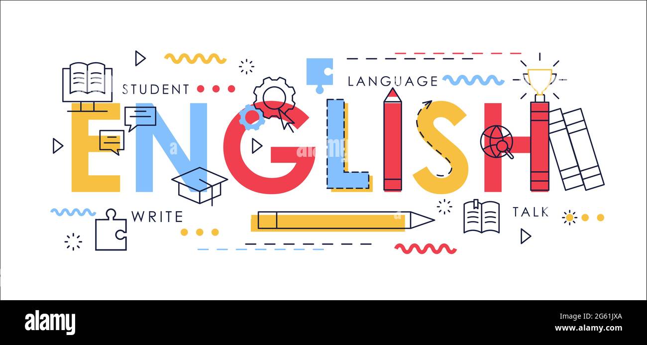 Englisch lernen dünne Linie Vektor Illustration für Website-Interface-Design, abstrakte flache englische Wort mit pädagogischen Elementen, Schulwissen Stock Vektor