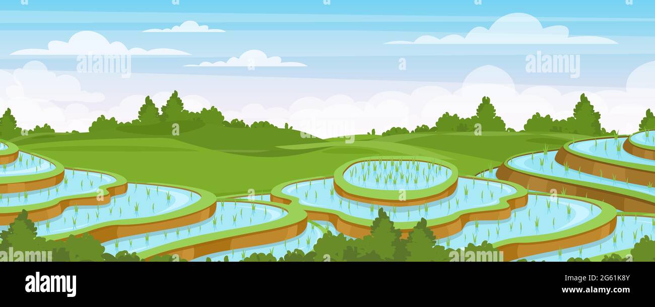 Reisfeld Landschaft Vektor Illustration, Cartoon flache ländliche Ackerland Landschaft mit grünen Reisterrassen mit Wasser, asiatische Landwirtschaft Hintergrund Stock Vektor