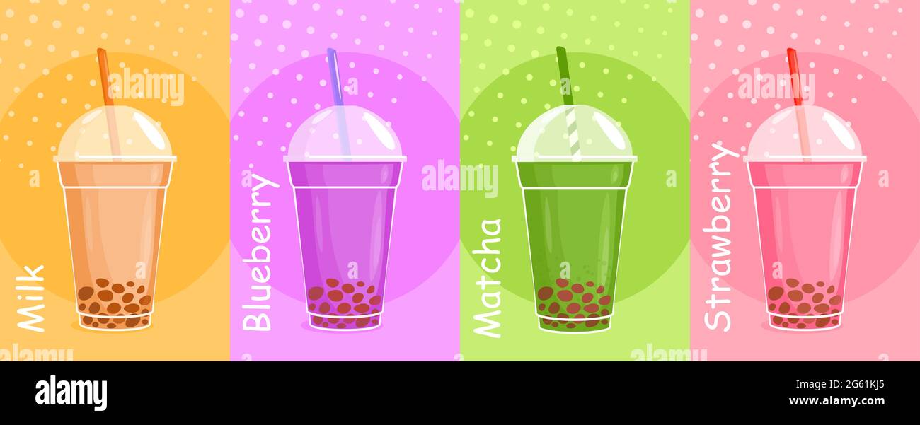 Bubble Tee Vektor Illustration Set, Cartoon flach asiatische kalt grünen Matcha Tee, süße Milch Cocktail, Beerenmilchshake im Café-Menü Hintergrund Stock Vektor