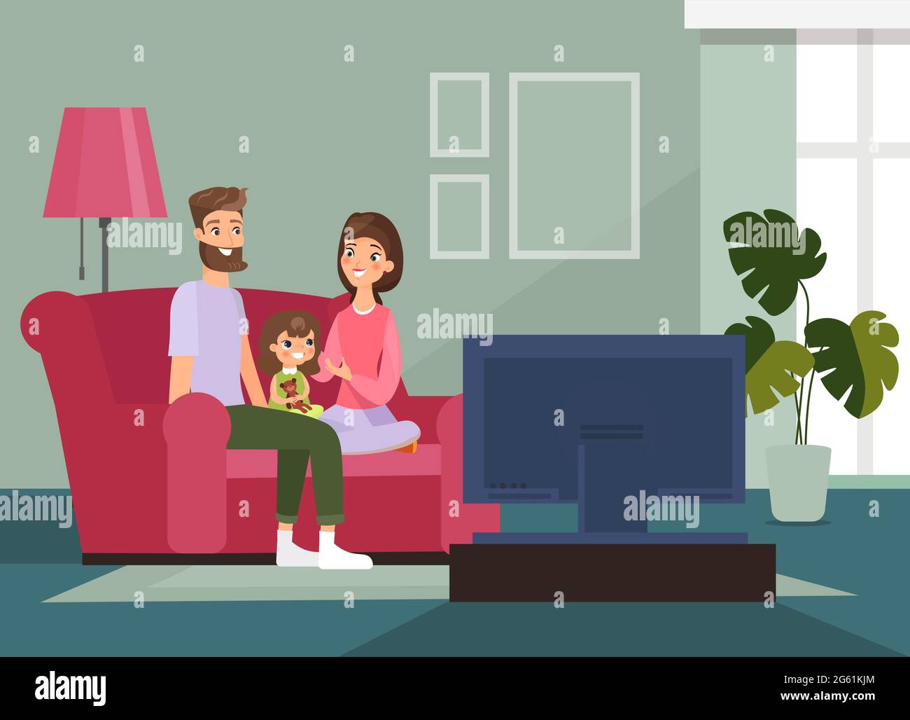 Vektorgrafik Familie mit Kind sitzt auf der Couch, Fernsehen zusammen, Familie Zeit zu Hause. Zu Hause bleiben und während der Quarantäne gesund bleiben Stock Vektor