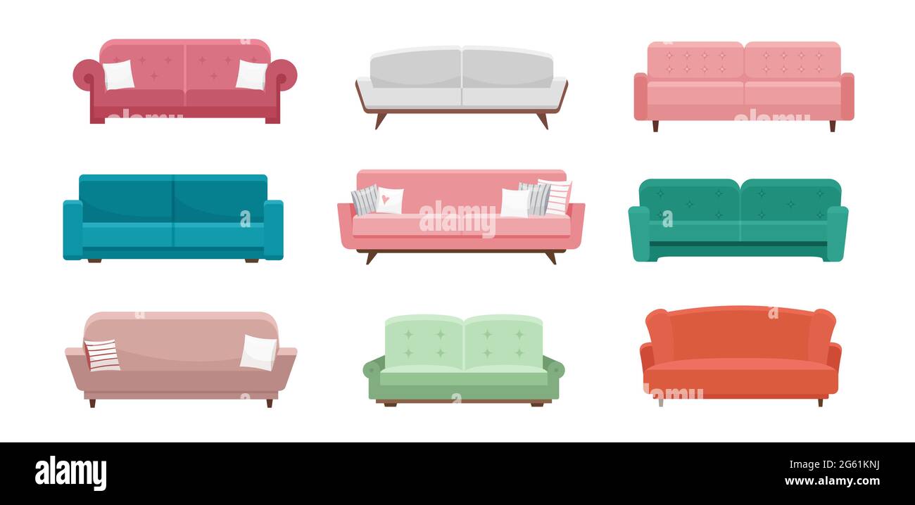 Sofa Vektor-Illustration-Set, Cartoon flaches Design von Möbeln Couchsitze, moderne gemütliche Sessel in verschiedenen Farben, möbliertes Wohnzimmer Interieur Stock Vektor