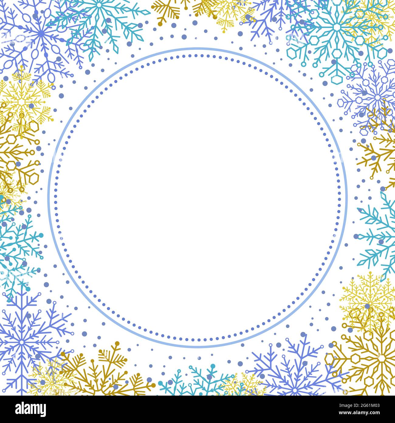 Schöne Vektorkarte für Urlaub mit blauen und goldenen Schneefall Arabesken und Schneeflocken. Schöne Grußkarte. Muster mit Schneeflocken Stock Vektor