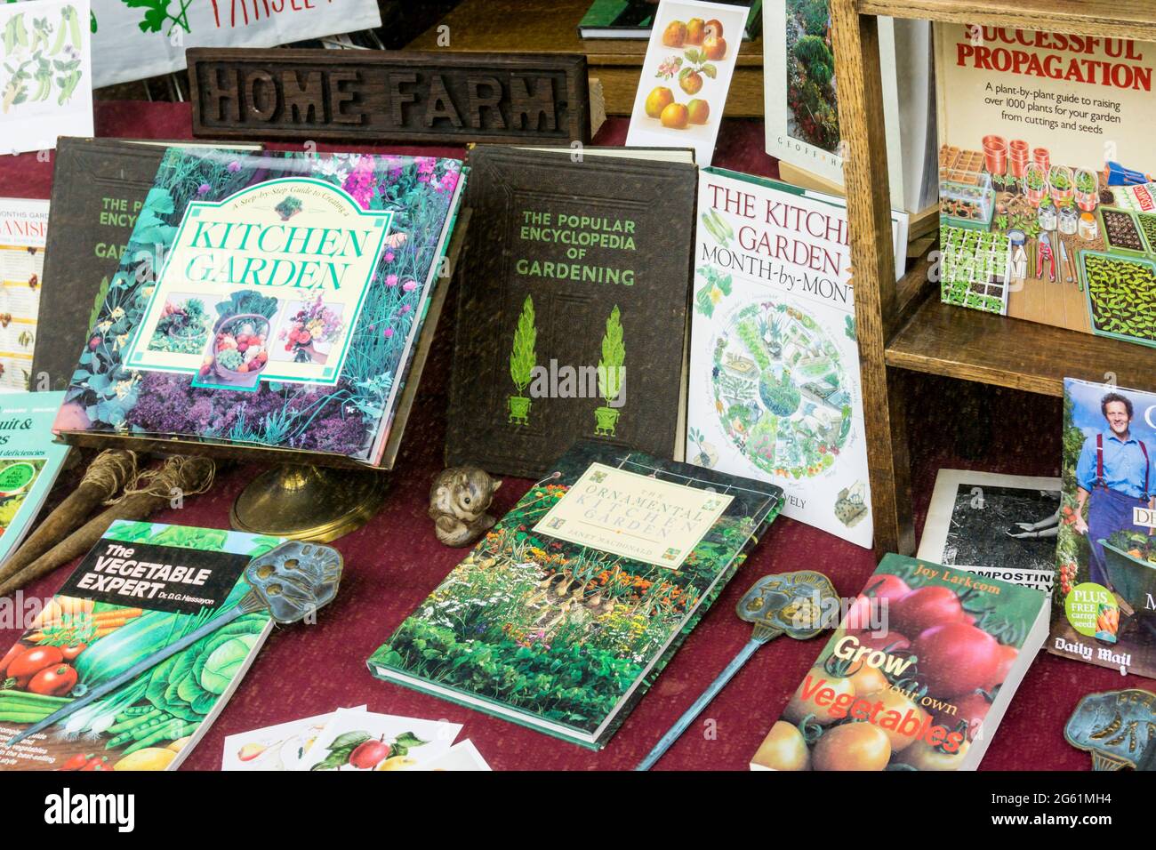 Eine Auswahl von alten gebrauchten Gartenbüchern in einem Buchladen-Fenster. Stockfoto