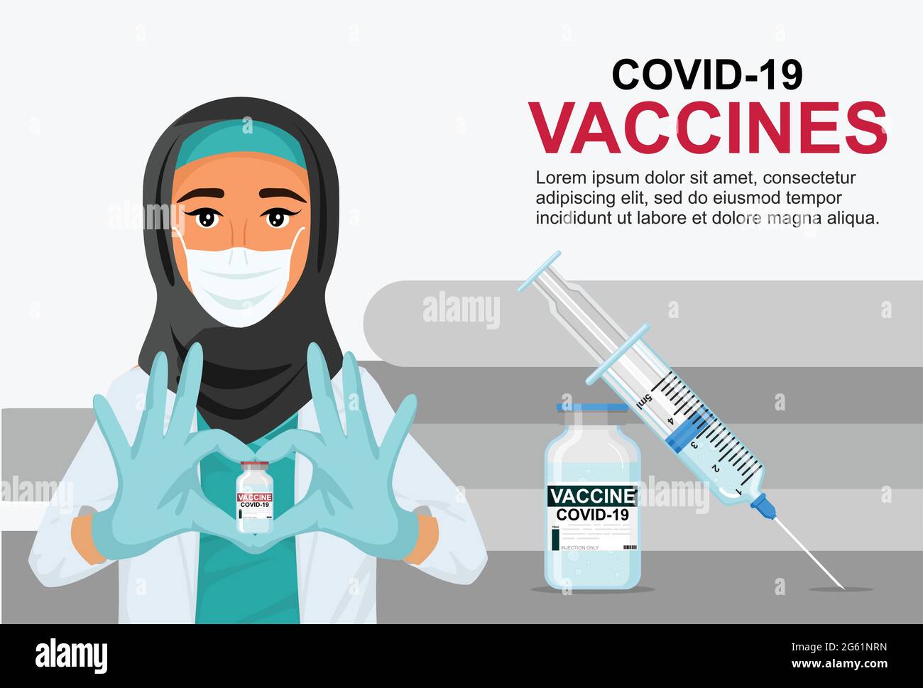 Eine muslimische Ärztin in einer Maske und einem Hijab zeigt ihr Herz mit ihren Händen und hält einen Impfstoff gegen Coronavirus. Passendes Banner, Flyer. Impfung Stock Vektor
