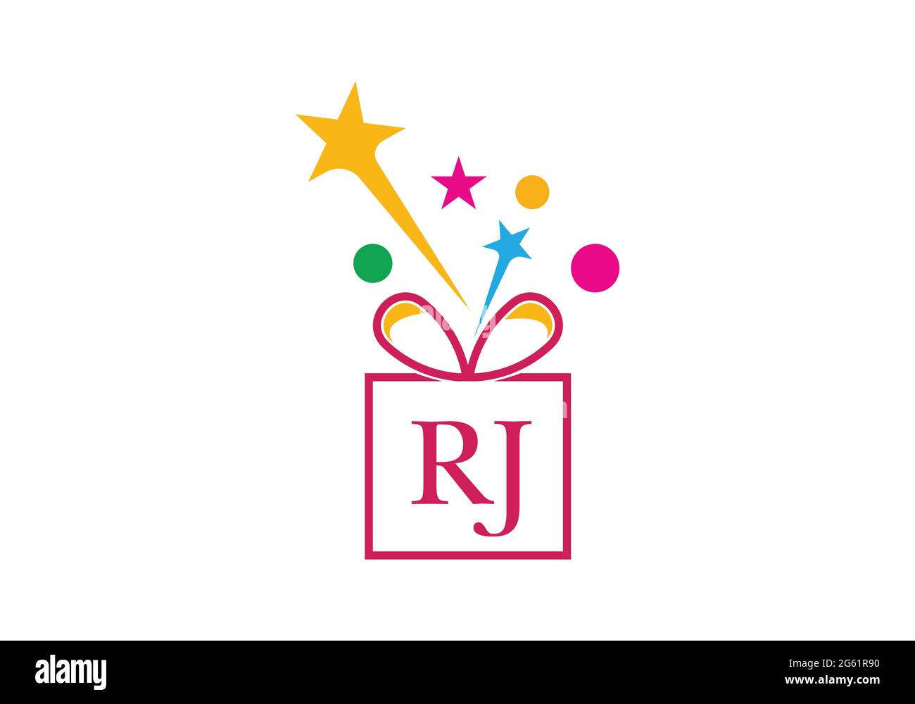 Geschenkbox, Geschenkboutique Buchstabe Alphabet R J Logo Symbol für Luxus-Markendesign für Hochzeitseinladungen, Grußkarte, Logo und anderes Design. Stock Vektor