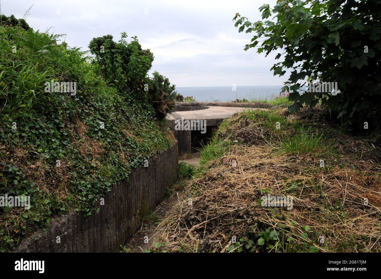 Überreste einer Waffeneinlage aus dem 2. Weltkrieg, die in die Felswand gesetzt wurde, am Standort der Brownstone Emergency Battery am Froward Point in der Nähe von Kingsmere, Devon. Stockfoto