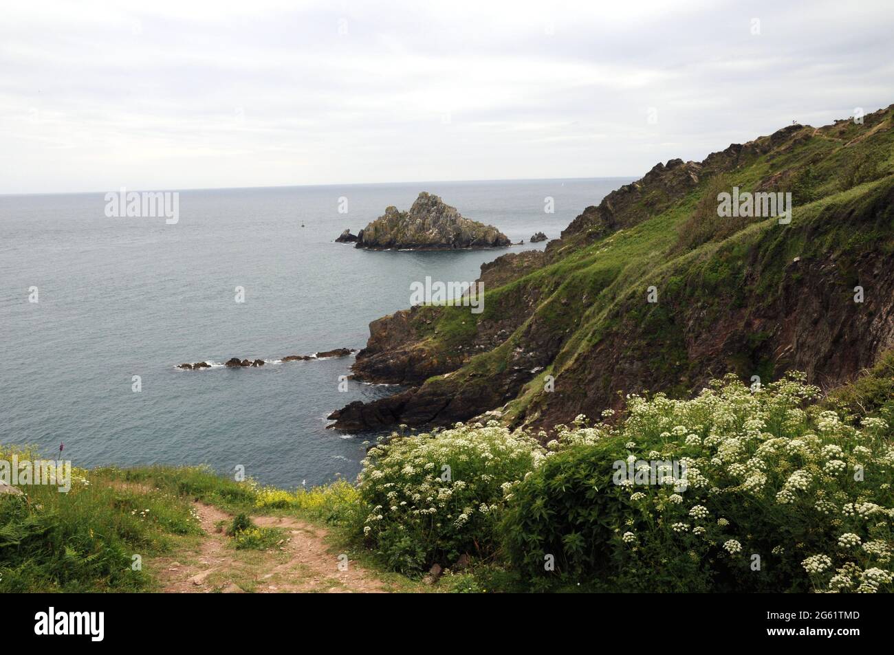 Blick über den Ärmelkanal und den Mew Stone vom South West Coastal Path in der Nähe von Kingswear, South Devon. Stockfoto