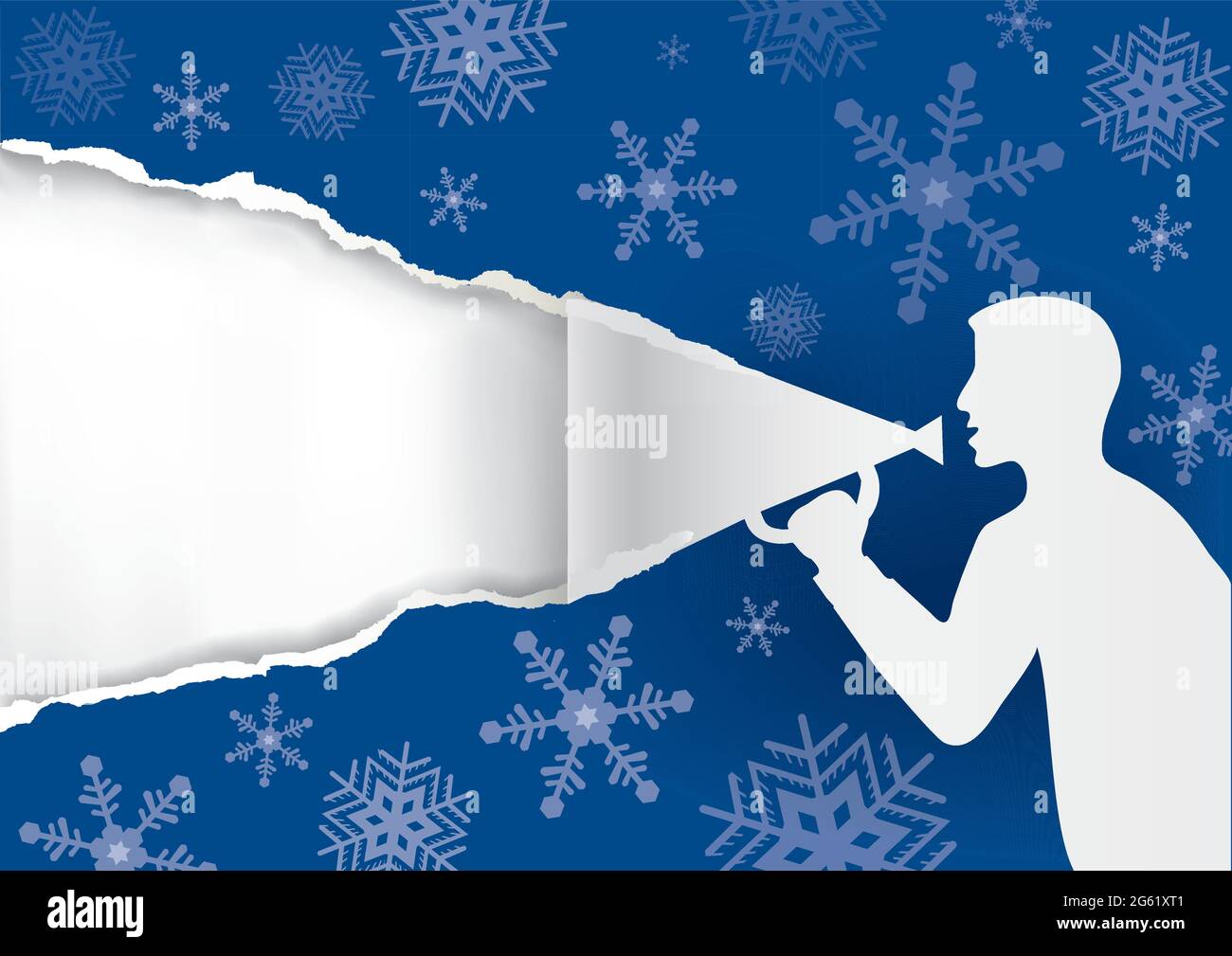 Mann mit Megaphon zerreißenden Papier, Weihnachts-Banner-Vorlage. Papier männlich stilisierte Silhouette, blaues Papier Hintergrund mit Schneeflocken. Vektor verfügbar. Stock Vektor