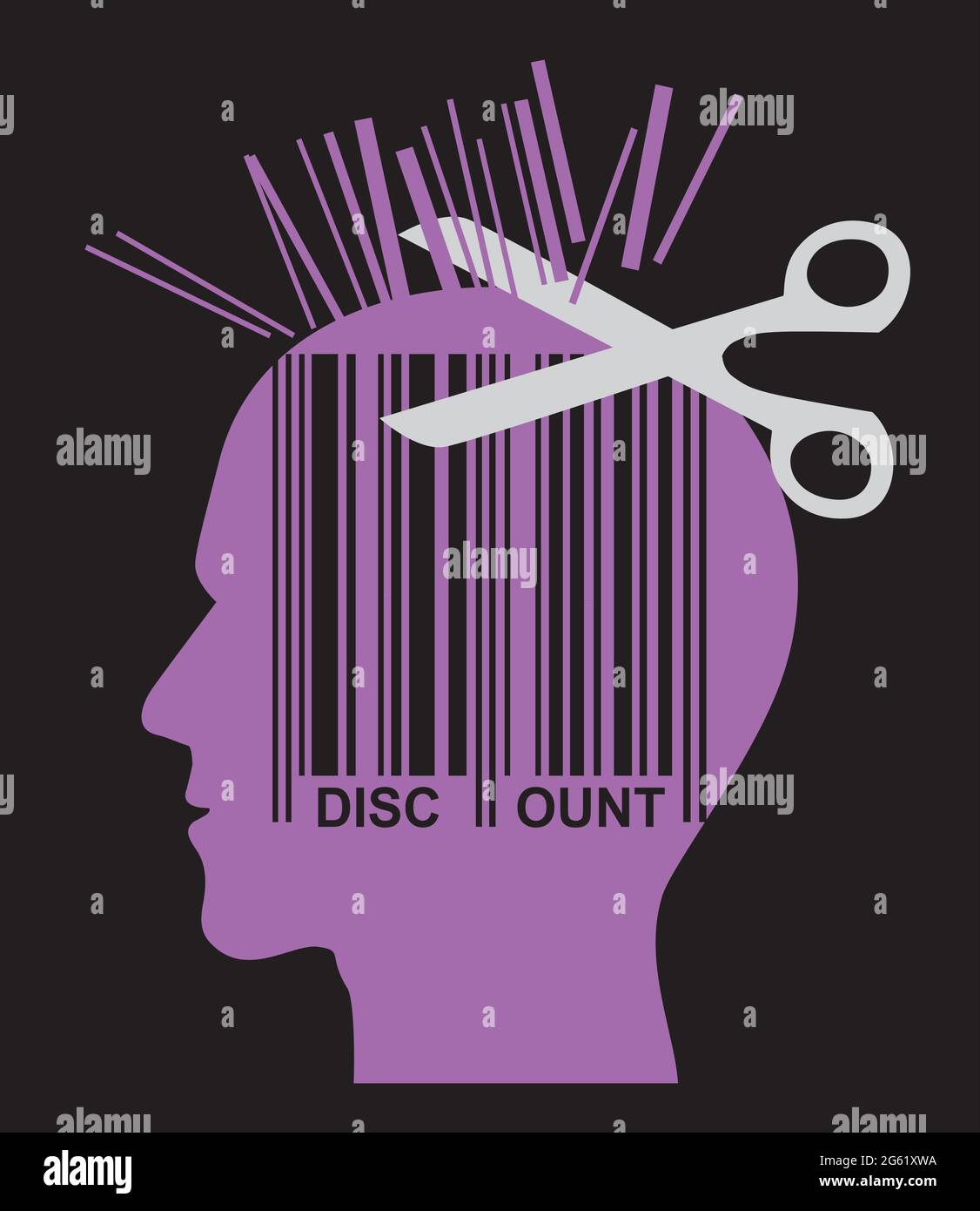 Friseur Preisabschlag, Rabatt-Konzept. Illustration von stilisierten jungen violetten männlichen Kopf Silhouette, mit Schere und Barcode.Vektor verfügbar Stock Vektor