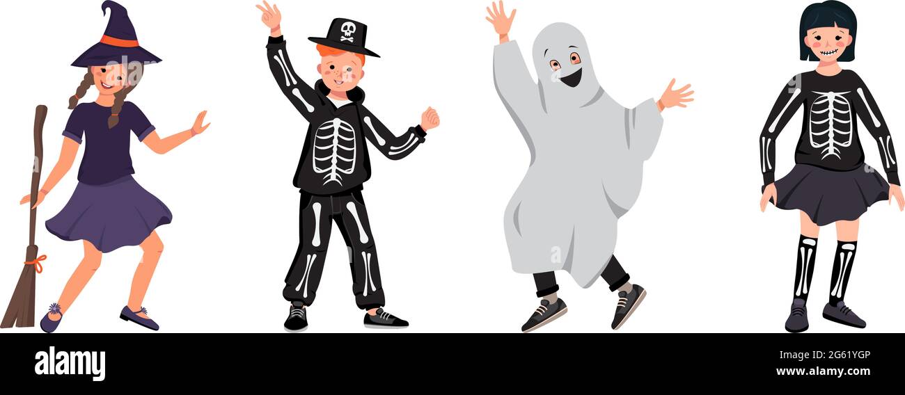 Mädchen und Jungen in Kostümen einer Hexe mit einem Besenstiel, einem Skelett mit Knochen und einem Totenkopf und Geister tanzen an Halloween Stock Vektor