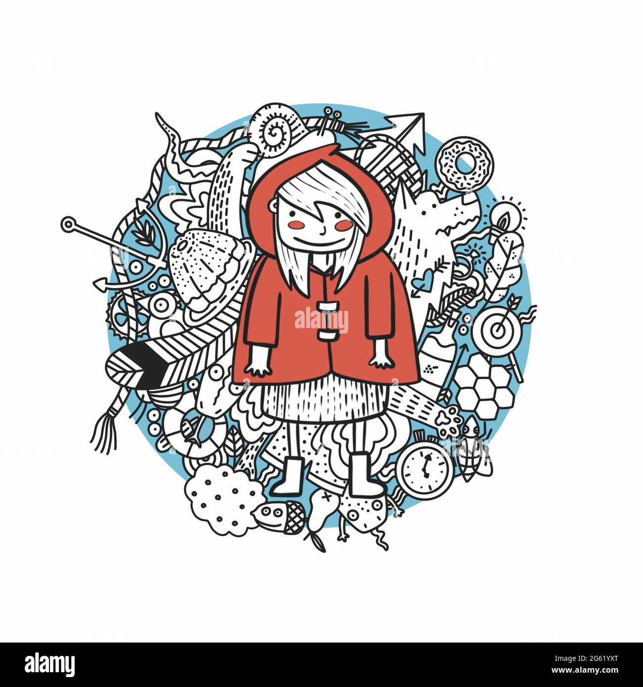 Das kleine Mädchen im roten Mantel. Rote Reithaube und viele kleine Dinge auf dem Hintergrund. Stockfoto