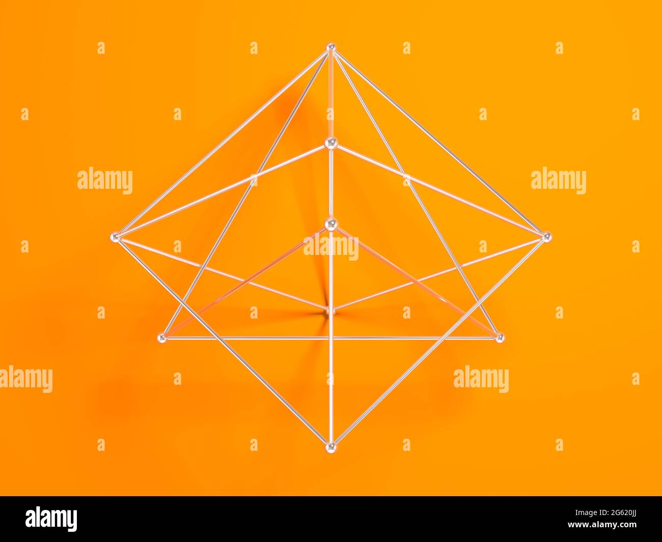 Metallic-Gitterobjekt mit Drahtgitter, abstrakte geometrische Struktur auf gelbem Hintergrund mit weichem Schatten, 3d-Rendering-Illustration Stockfoto