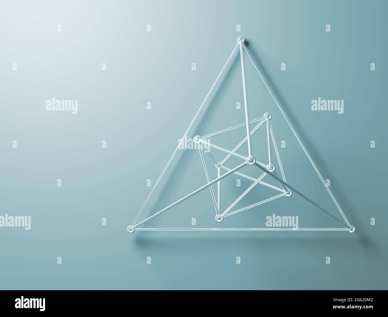 Drahtgitter-Objekt, abstrakte dreieckige geometrische Struktur auf hellblauem Hintergrund mit weichem Schatten, 3d-Darstellung Stockfoto
