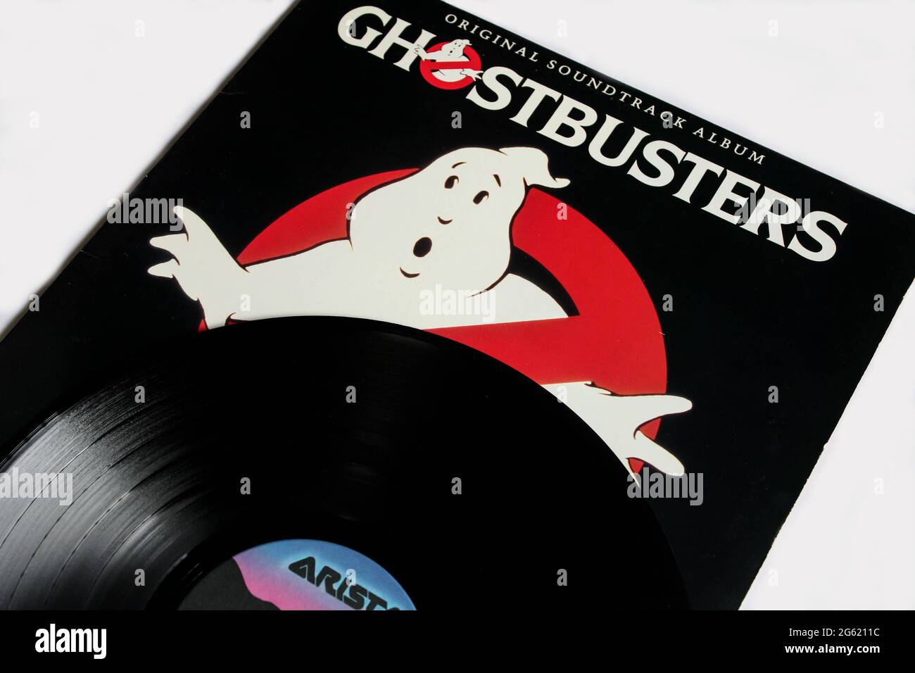 Ghostbusters Movie Soundtrack-Musikalbum auf Vinyl-LP-Disc. Cover des Filmalbumes Stockfoto