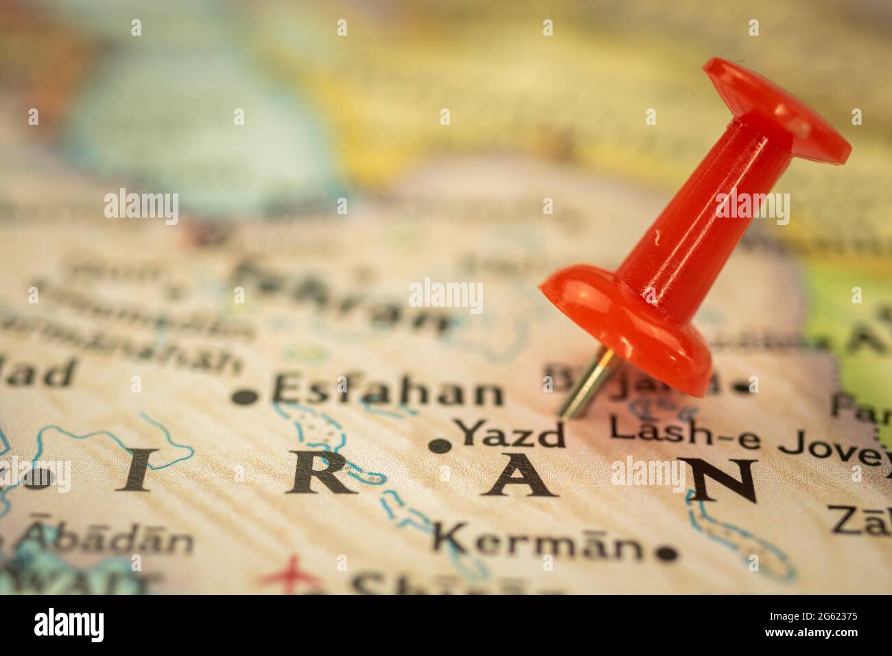 Ort Iran, Reisekarte mit Stecknadelpunkt-Markierung Nahaufnahme, Asia Journey Concept Stockfoto