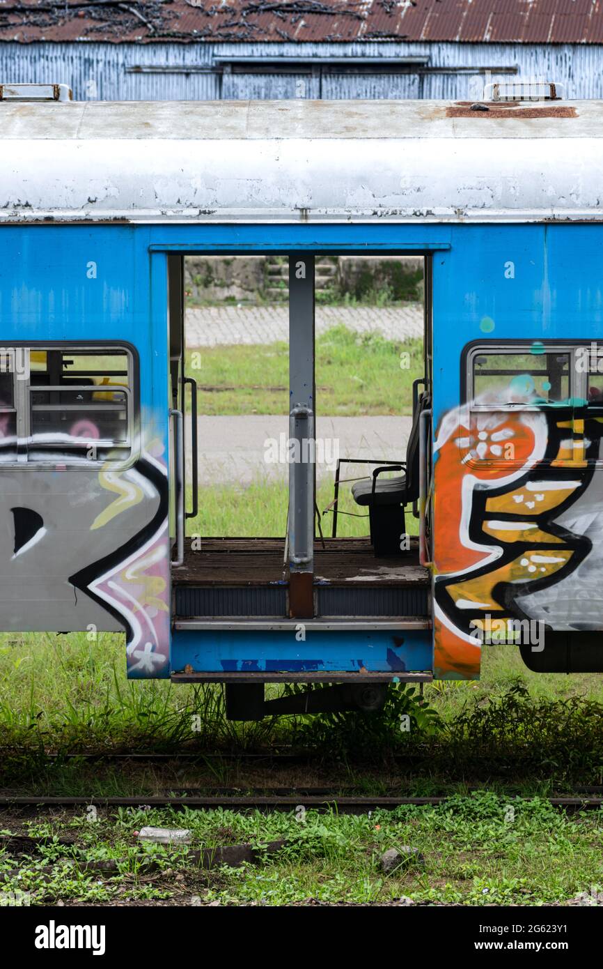 Stillgelegte Züge, mit Graffiti bemalt, gelagert in einem Lager in Colegiales, Buenos Aires, Argentinien. Stockfoto