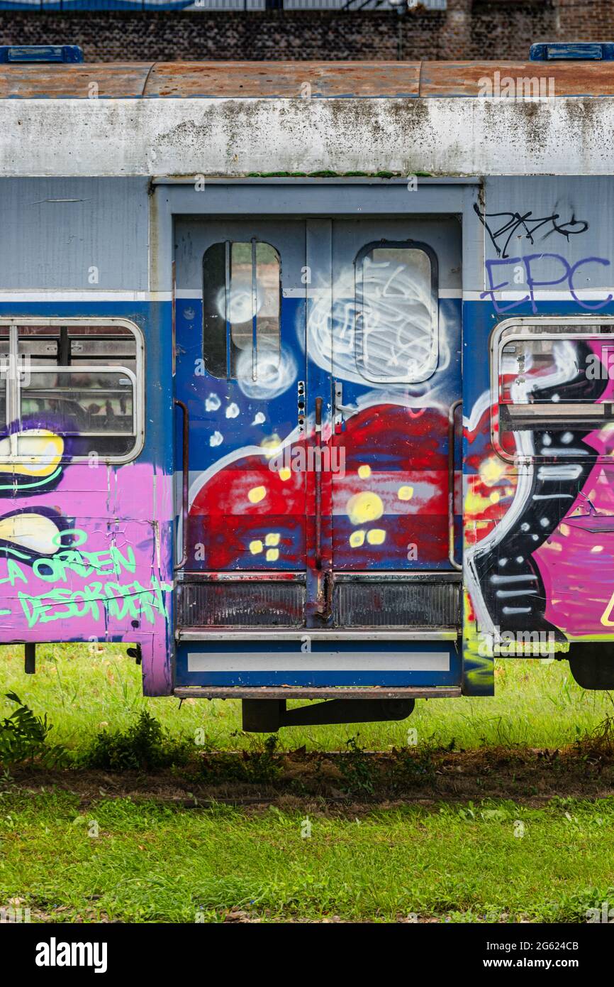 Stillgelegte Züge, mit Graffiti bemalt, gelagert in einem Lager in Colegiales, Buenos Aires, Argentinien. Stockfoto