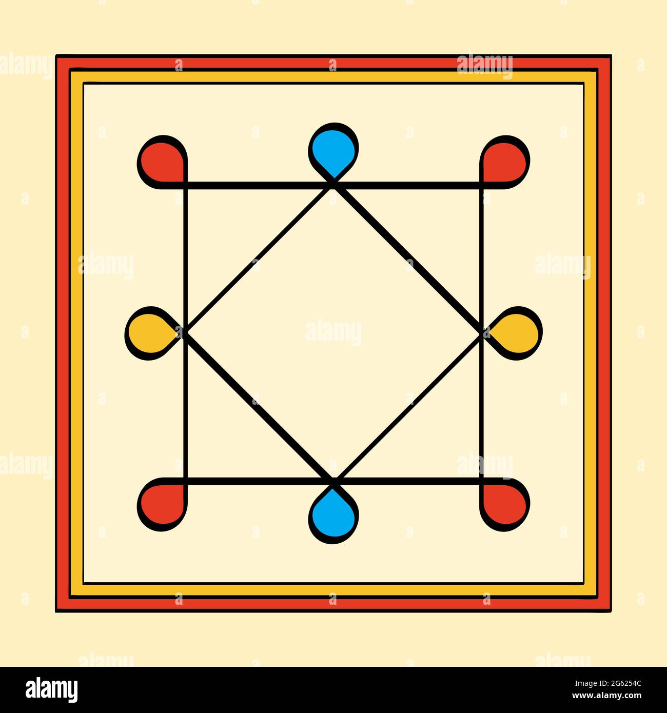 Farbiger Solomon-Ring in quadratischem Rahmen, ein Yantra auf gelbem Hintergrund. Zwei überlappende Quadrate mit acht abgerundeten Ecken. Uraltes Symbol. Stockfoto