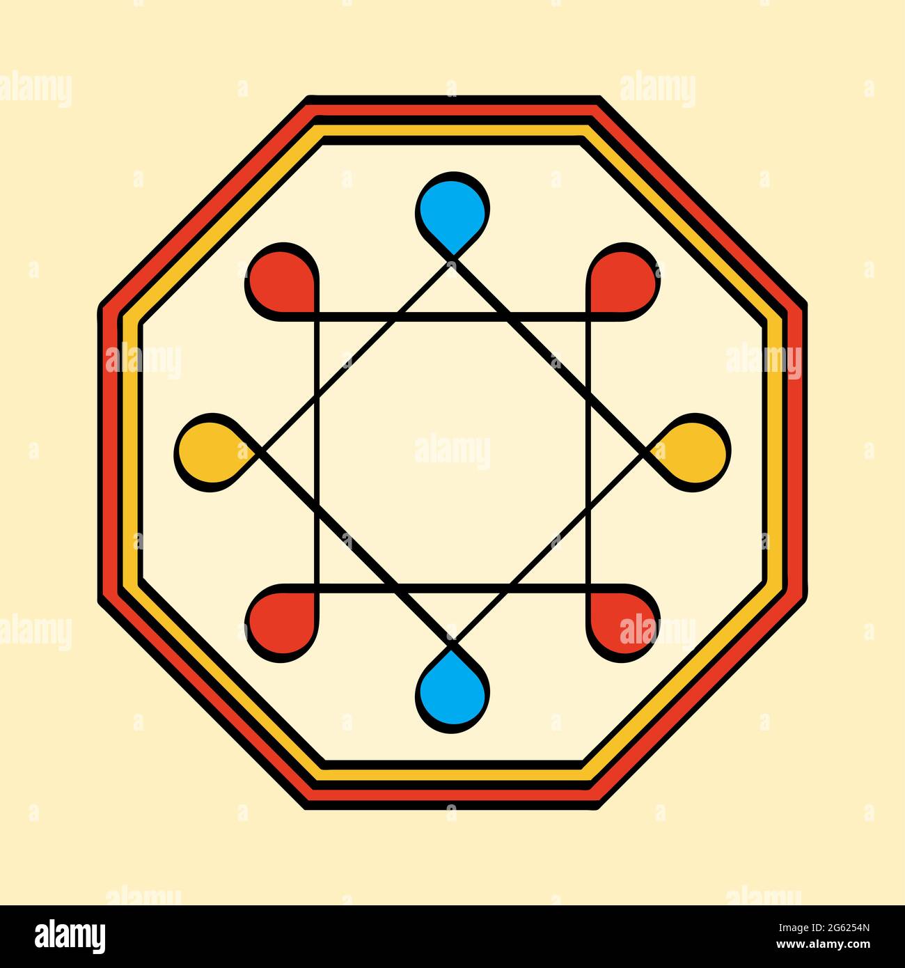 Farbiger Solomon-Ring in achteckigem Rahmen, ein Yantra auf gelbem Hintergrund. Zwei überlappende Quadrate mit abgerundeten Ecken. Uraltes Symbol. Stockfoto