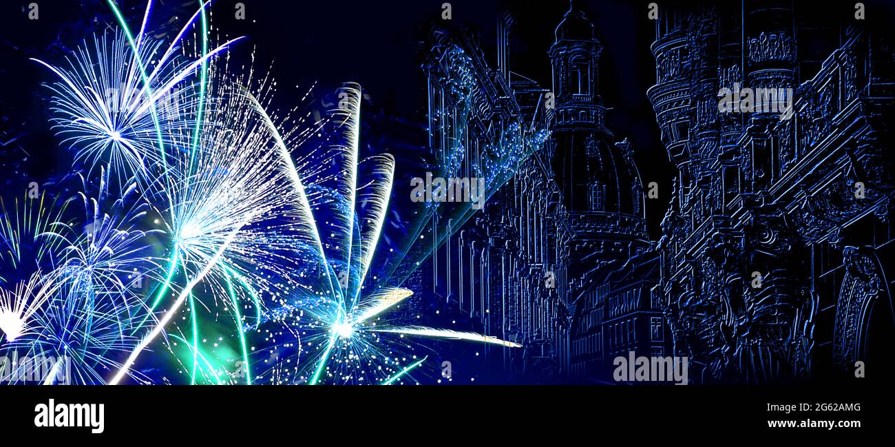 Feuerwerk mit blauem Relief von Dresden auf schwarzem Hintergrund Stockfoto