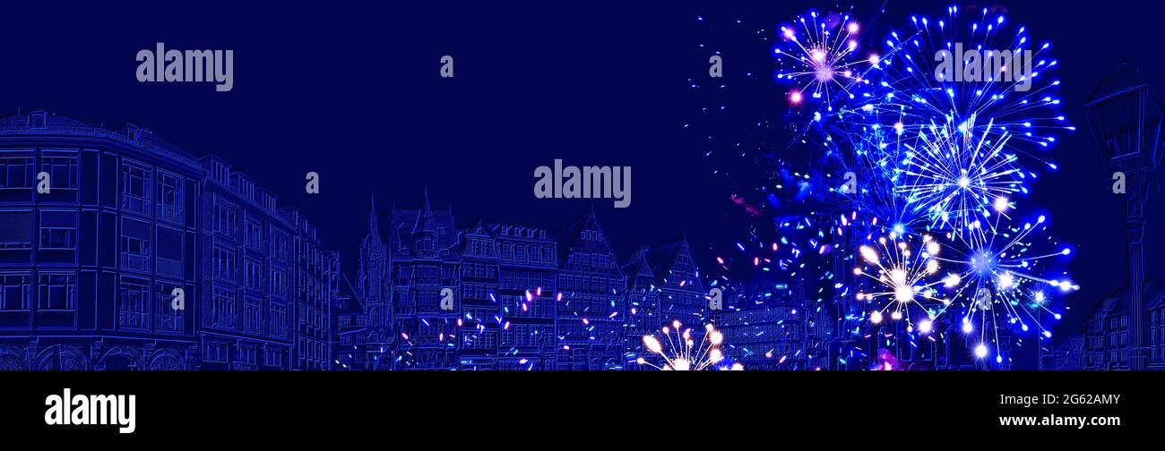 Feuerwerk mit Relief von Frankfurt am Main auf blauem Hintergrund Stockfoto