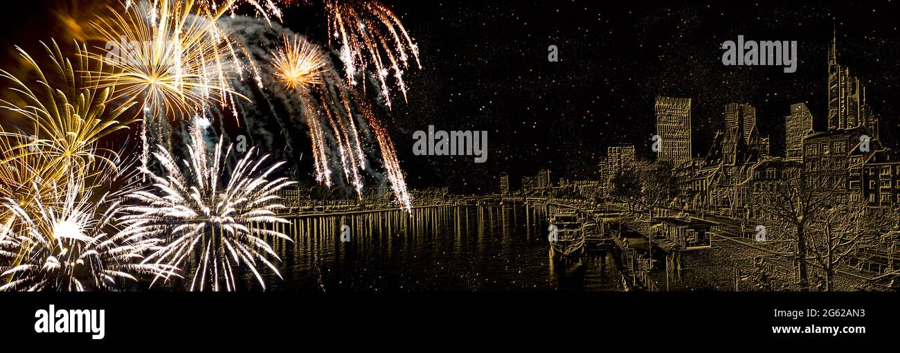 Feuerwerk mit goldenem Relief von Frankfurt am Main auf schwarzem Hintergrund Stockfoto