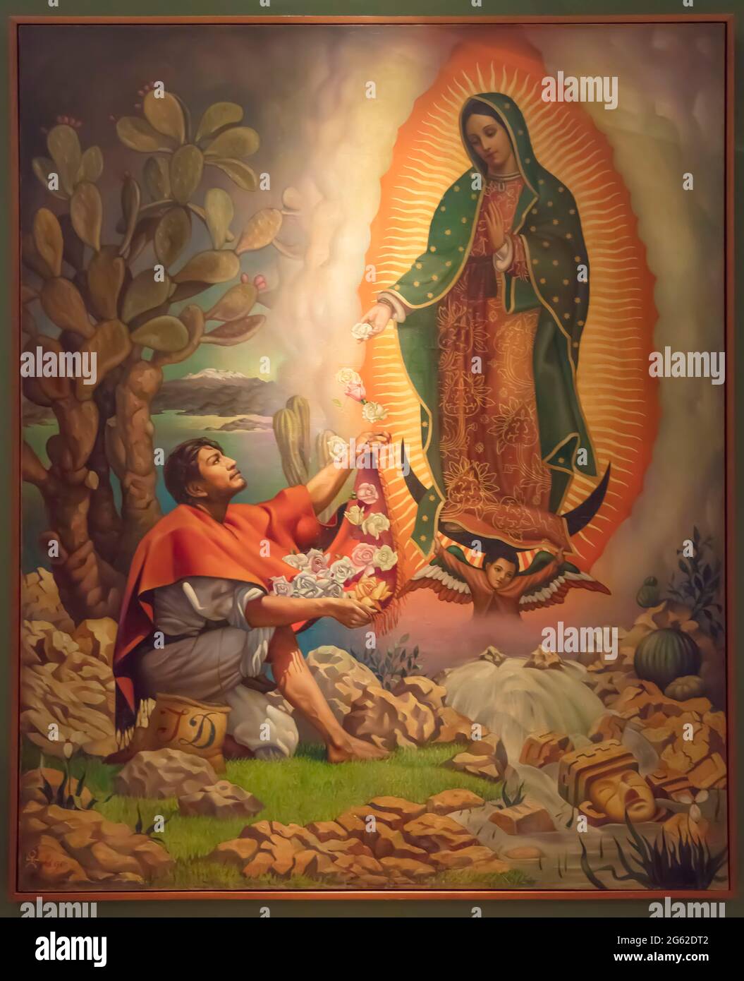 Wunder des Tepeyac Gemäldes von Jungfrau Maria Unsere Lieben Frau von Guadalupe, das vor dem indigenen mexikanischen St. Juan Diego auftaucht Stockfoto