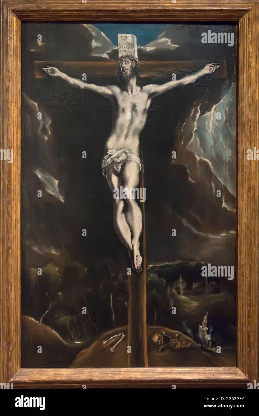 Christus am Kreuz, in einer Landschaft mit Reitern Ölgemälde von Domenikos Theotokopoulos El Greco 1610-14 Stockfoto