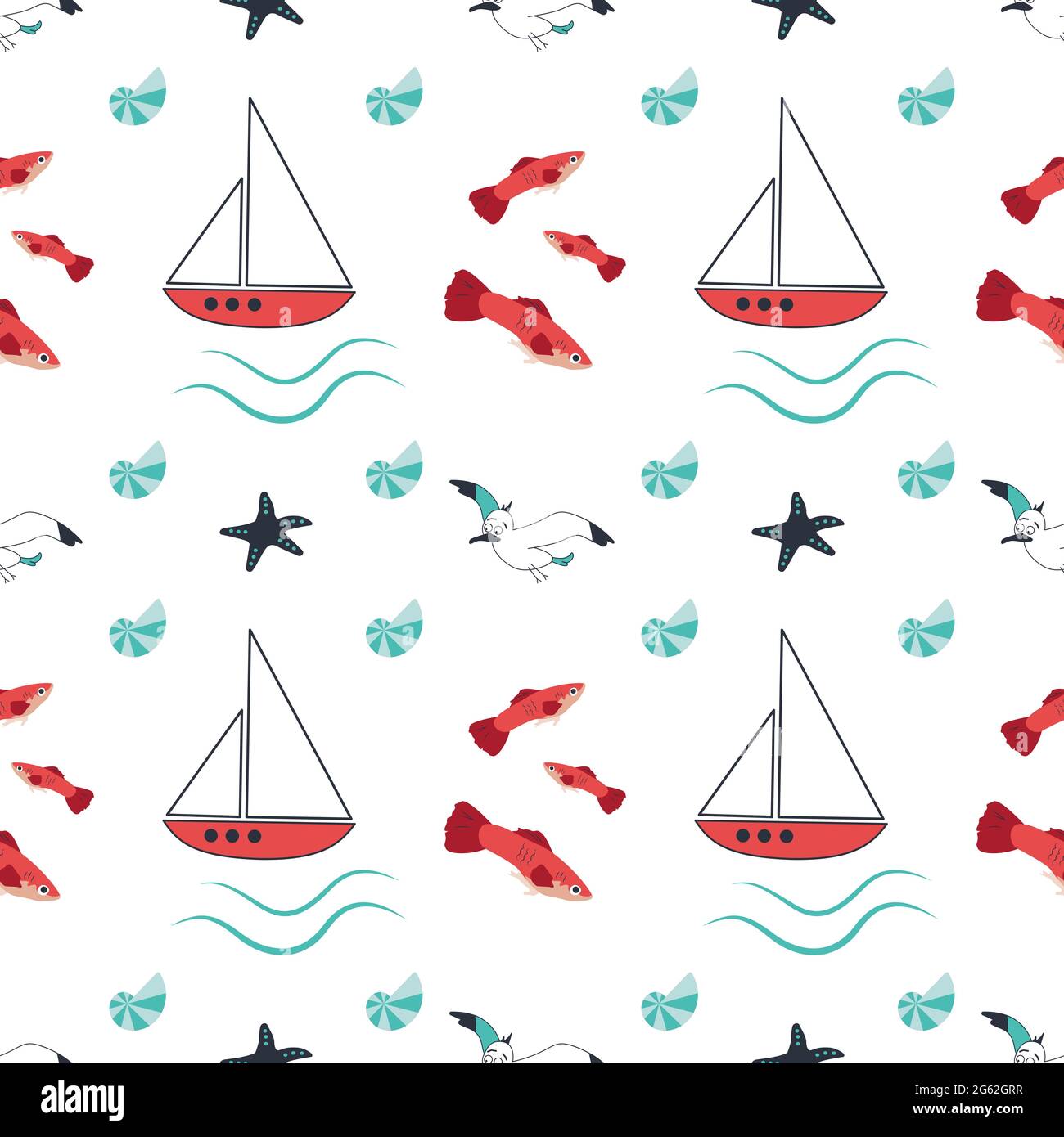 Sommerliches Meeresmuster mit Schiffen, Wellen, Seesternen, Möwen und Fischen auf weißem Hintergrund Stock Vektor