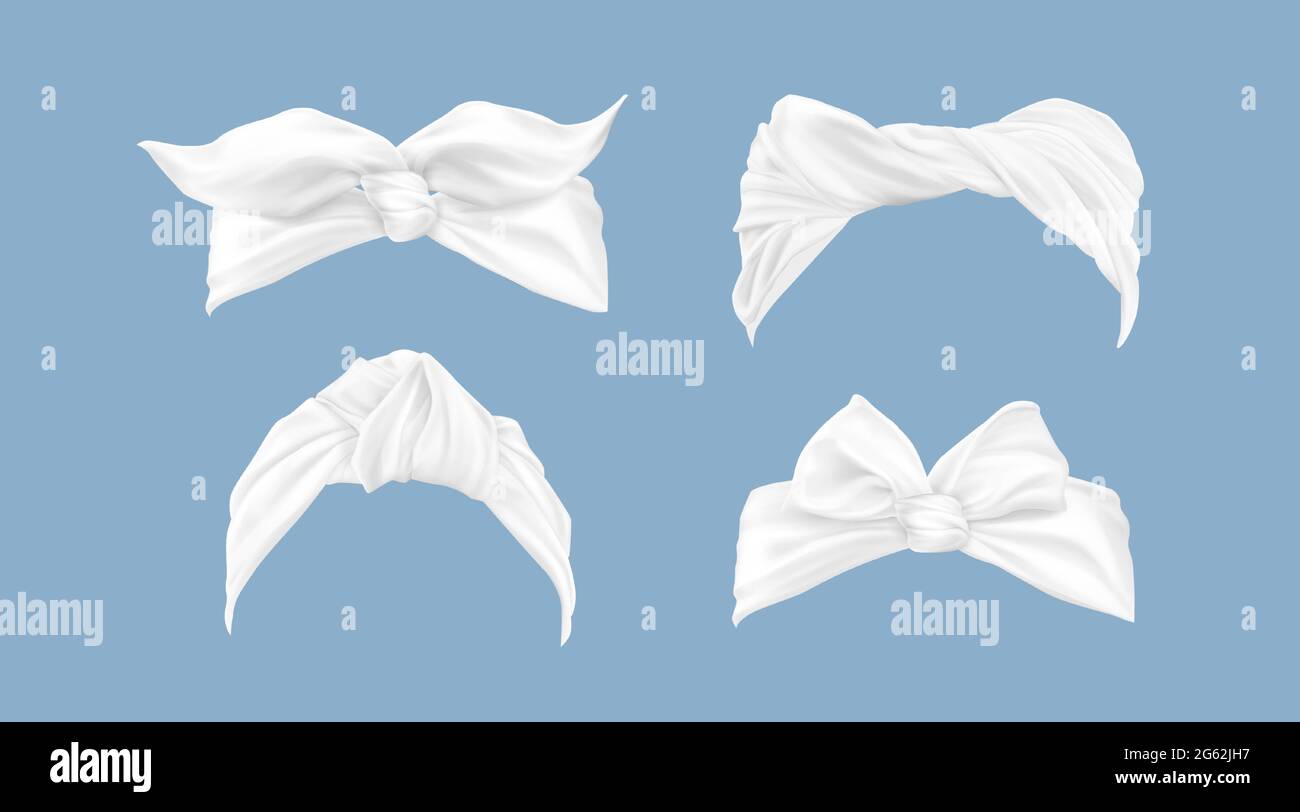 Weiße Stirnbänder, Frauenhaarbandana mit gebundener Schleife. Vektor realistische Set von Vintage Haarreifen, Stoffbänder für den Kopf. Mode Mädchen Accessoires auf blauem Hintergrund isoliert Stock Vektor