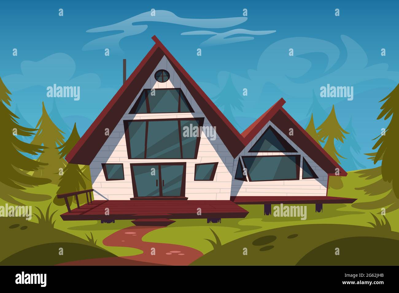Ferienhaus im Wald, Holzhaus auf Stelzen auf grünem Feld zwischen Nadelbäumen. Luxuriöses Haus mit Terrasse auf Pfählen in sonnigem Holz. Eco Wohnung, Hotel, pc-Spiel Hintergrund, Cartoon-Vektor-Illustration Stock Vektor