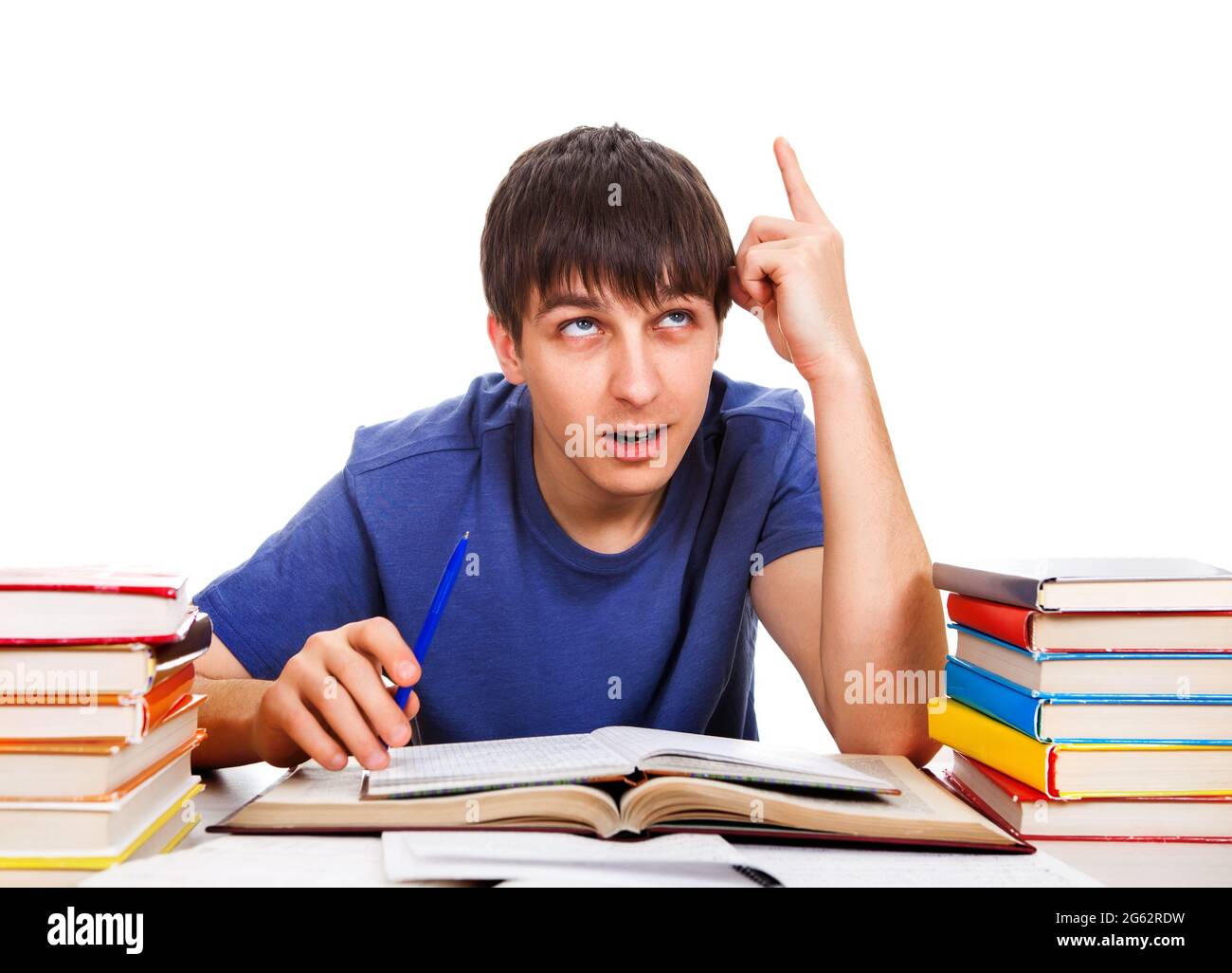 Student zeigen Finger oben isoliert auf dem weißen Hintergrund Stockfoto