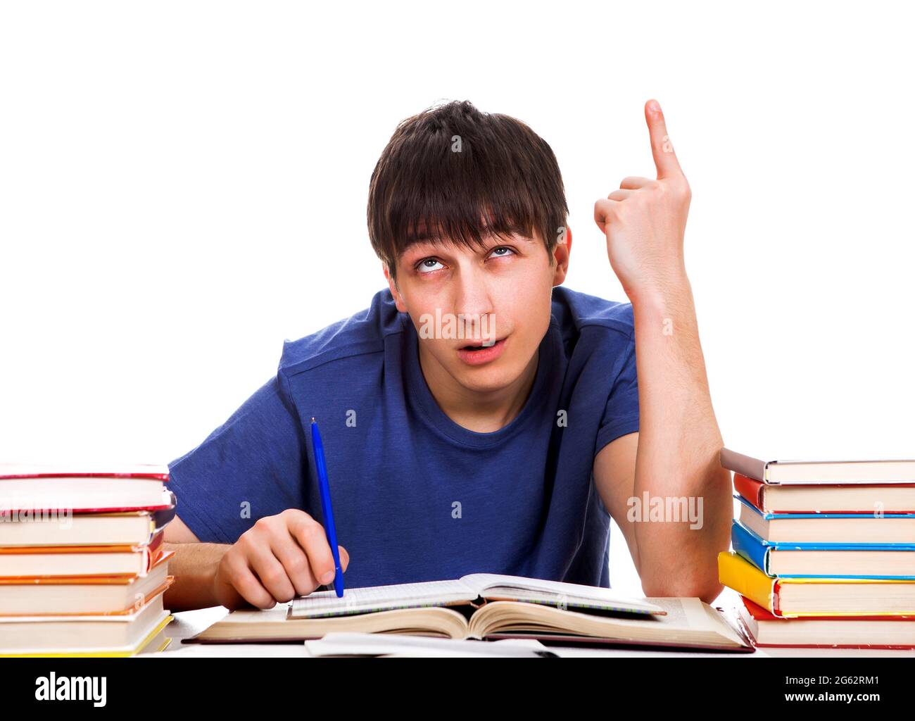 Student zeigen Finger oben isoliert auf dem weißen Hintergrund Stockfoto