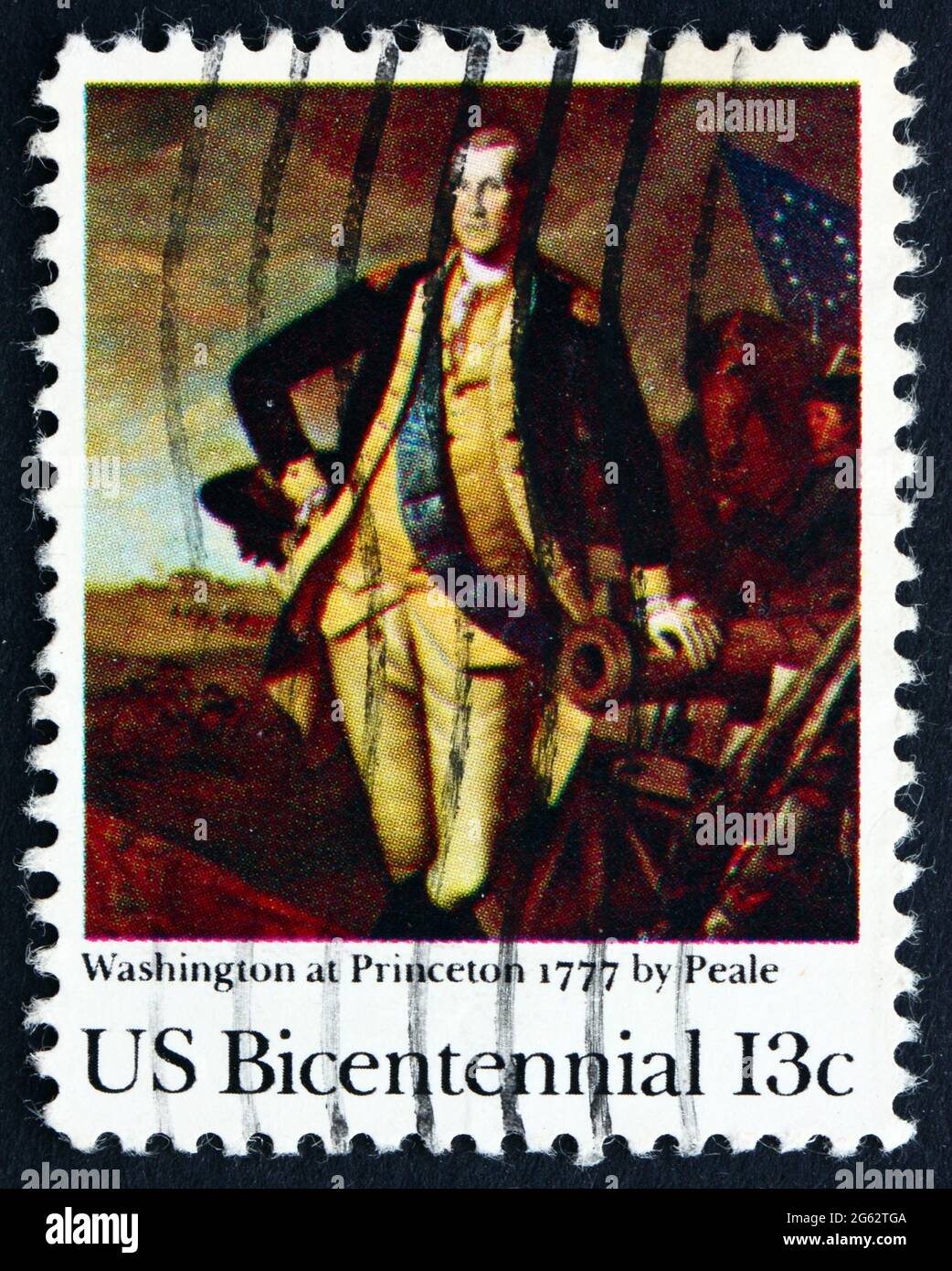 USA - UM 1977: Eine in den USA gedruckte Briefmarke zeigt Washington, Nassau Hall, Hessen, 13-Sterne-Flagge, Washingtons Sieg in Princeton über Lord Cornwa Stockfoto