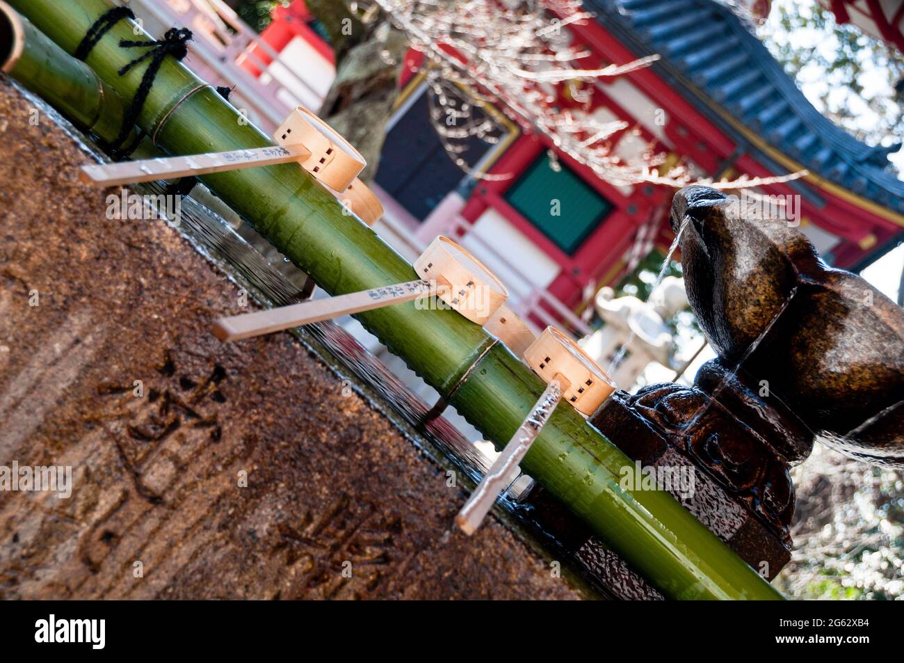 Ein Steinwasserbecken mit japanischen Schriftzeichen am Eingang zu einem schintoistischen Schrein in Kyoto, Japan. Stockfoto