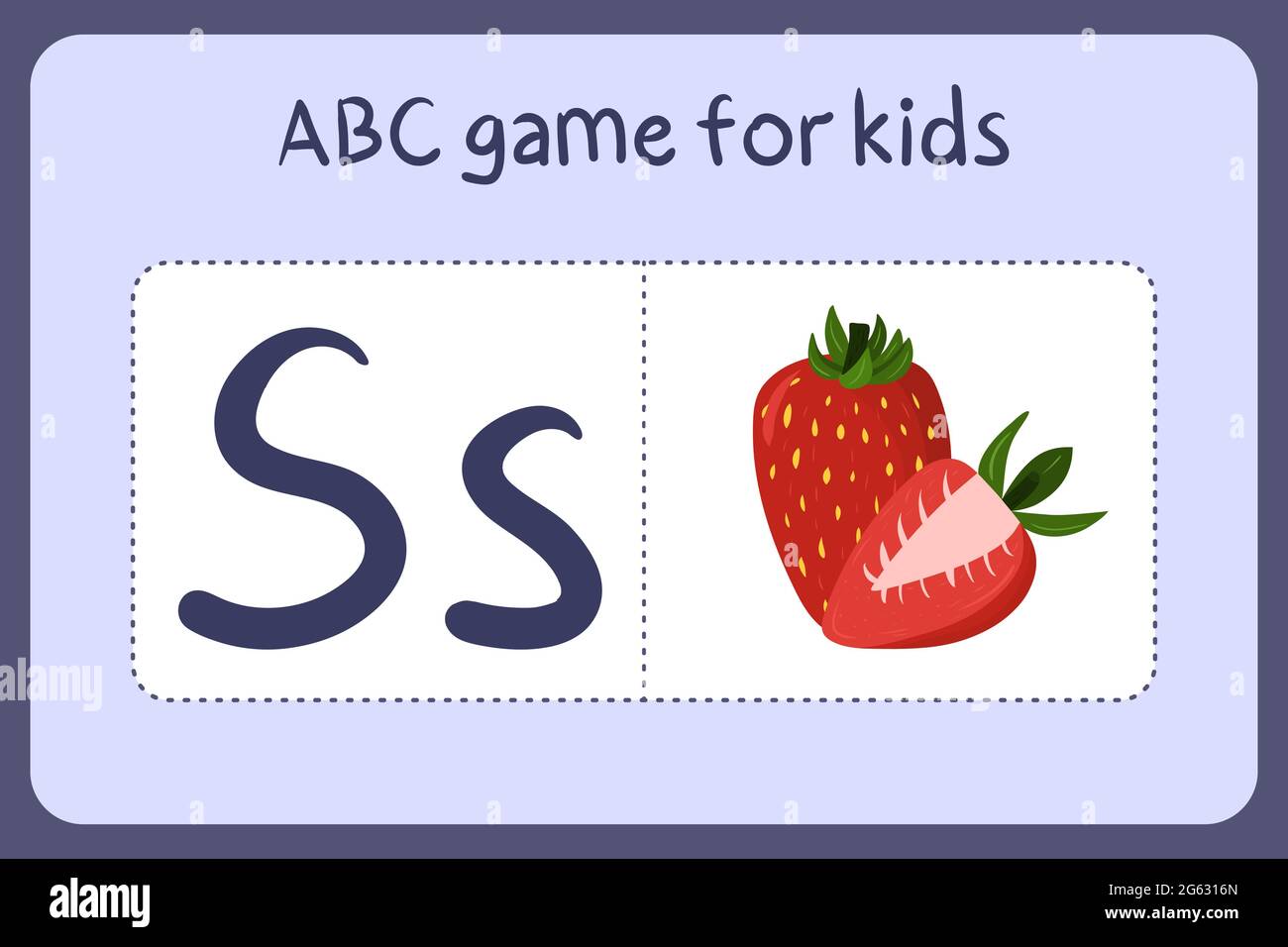 Kind Alphabet Mini-Spiele im Cartoon-Stil mit dem Buchstaben S - Erdbeere. Vektor-Illustration für Spiel-Design - Schneiden und spielen. Lerne abc mit Flash-Karten für Obst und Gemüse. Stock Vektor