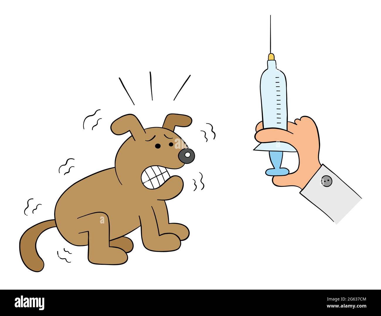 Cartoon Hund ist erschrocken, wenn es die Spritze in der Hand des Tierarztes sieht, Vektor-Illustration. Farbige und schwarze Umrisse. Stock Vektor