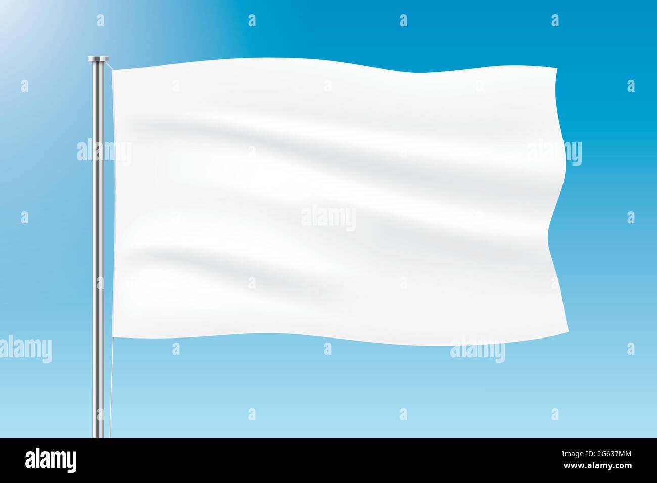 Weiße Flagge winkt auf blauem Himmel Hintergrund. Vektorflaggenmockup. Stock Vektor